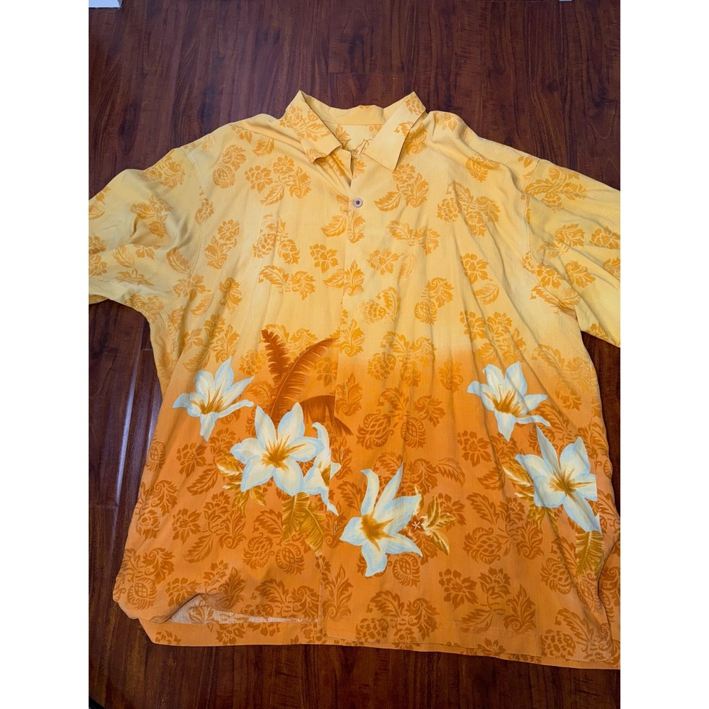 Tommy Bahama Silk Hawaiian Shirt Mens 2XL Yellow Orange White Floral Hawaiian